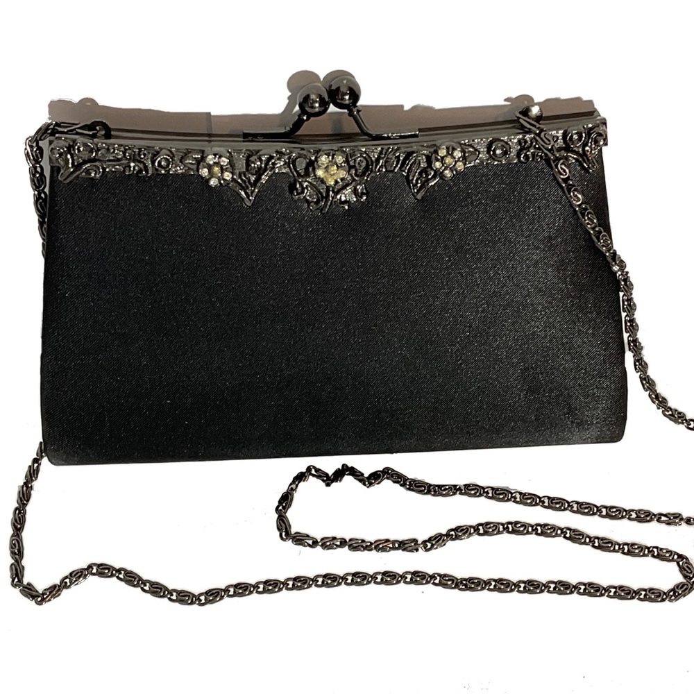 Jessica McClintock 90’s Vintage Black Satin Chain Clutch Chain Bag w/Ornate Gems